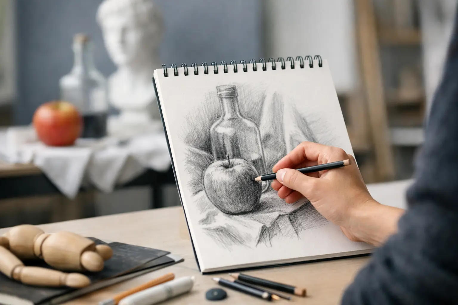 Student drawing a bottle and apple from observation in a spiral sketchbook with a classical bust behind