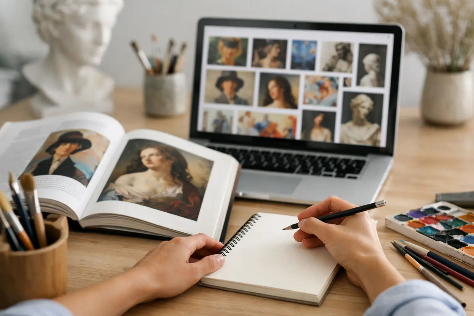 Student comparing an art book with artist images on a laptop while making notes in a sketchbook