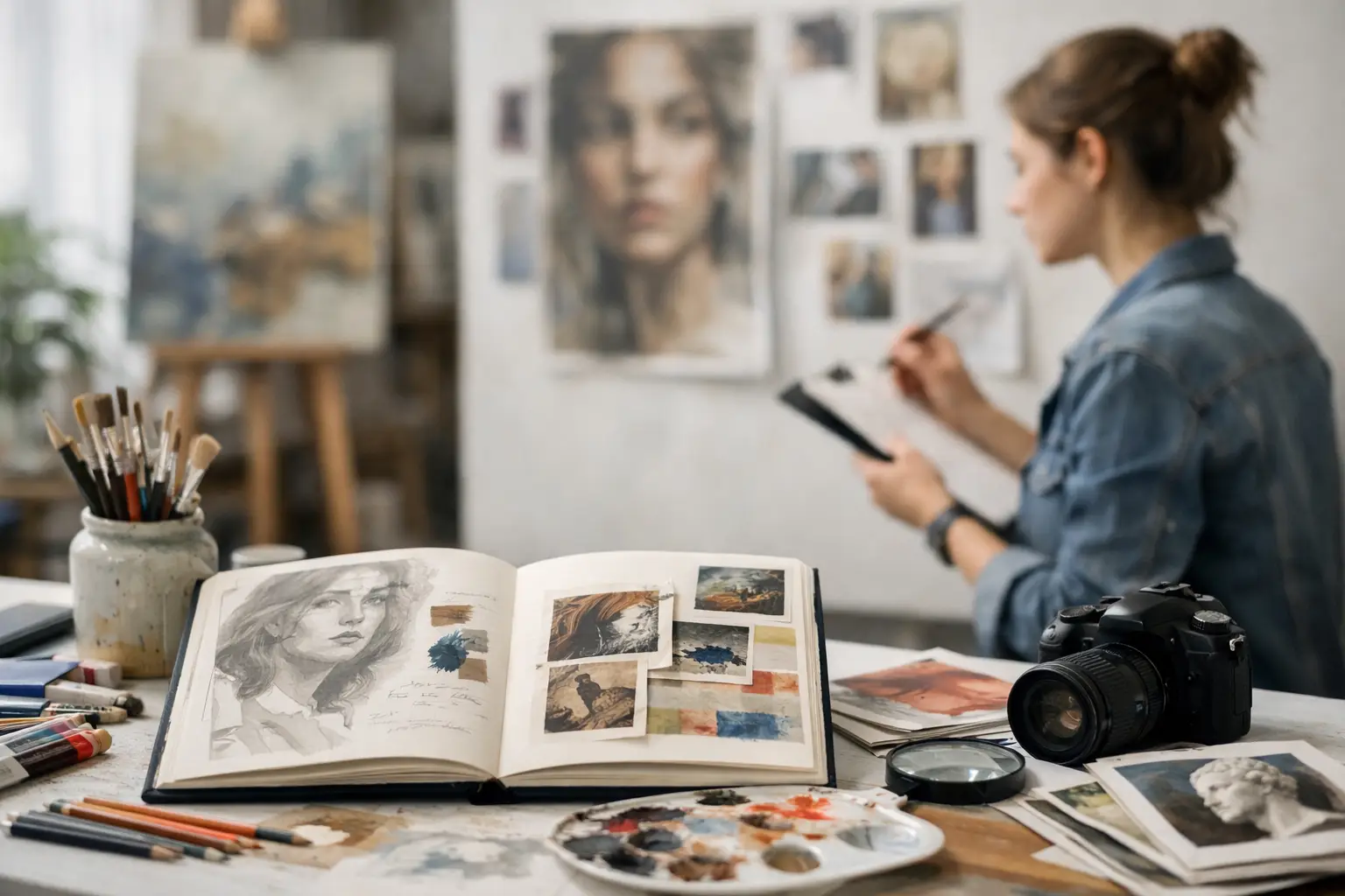 A Level Art student reviewing a research sketchbook beside a camera, artworks and reference images