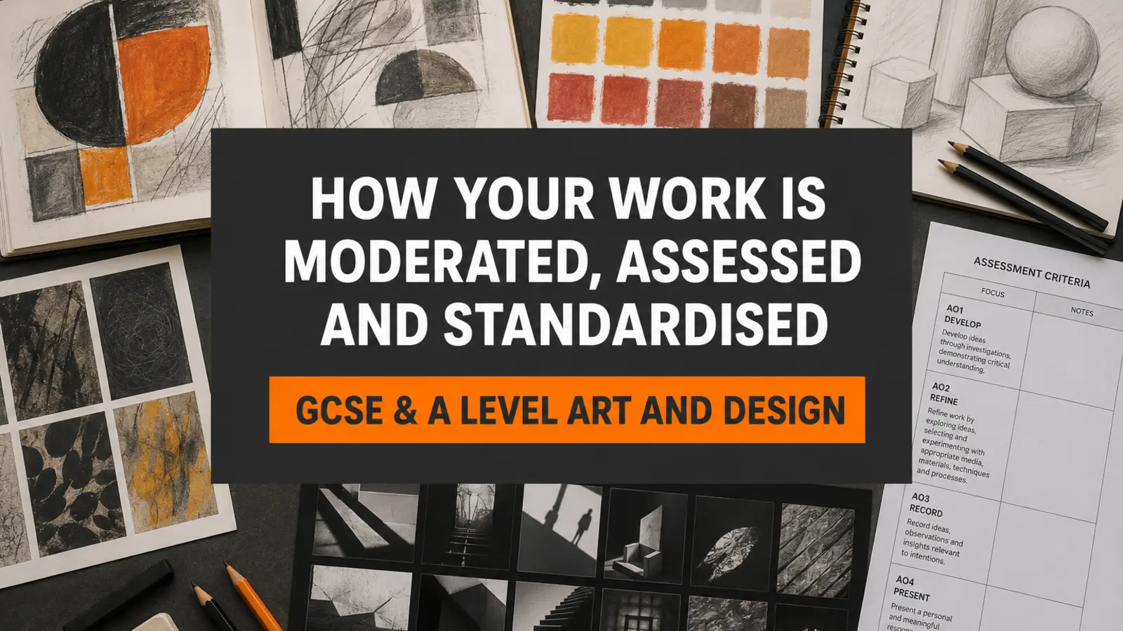 Art portfolio pages and assessment paperwork surrounding the title How Your Work Is Moderated, Assessed and Standardised