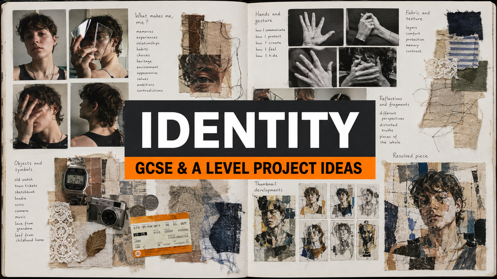 Identity project sketchbook showing original portraits, gesture photographs, personal objects, fabric experiments, composition studies and a resolved response.