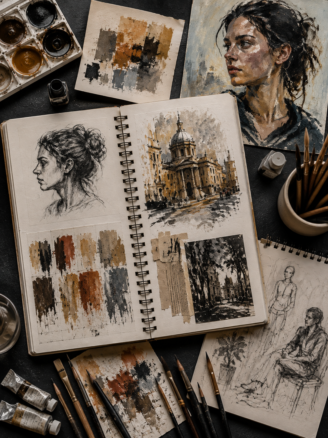 Fine Art sketchbook showing observational drawing, painting studies, colour experimentation and creative development across a realistic artist's workspace.