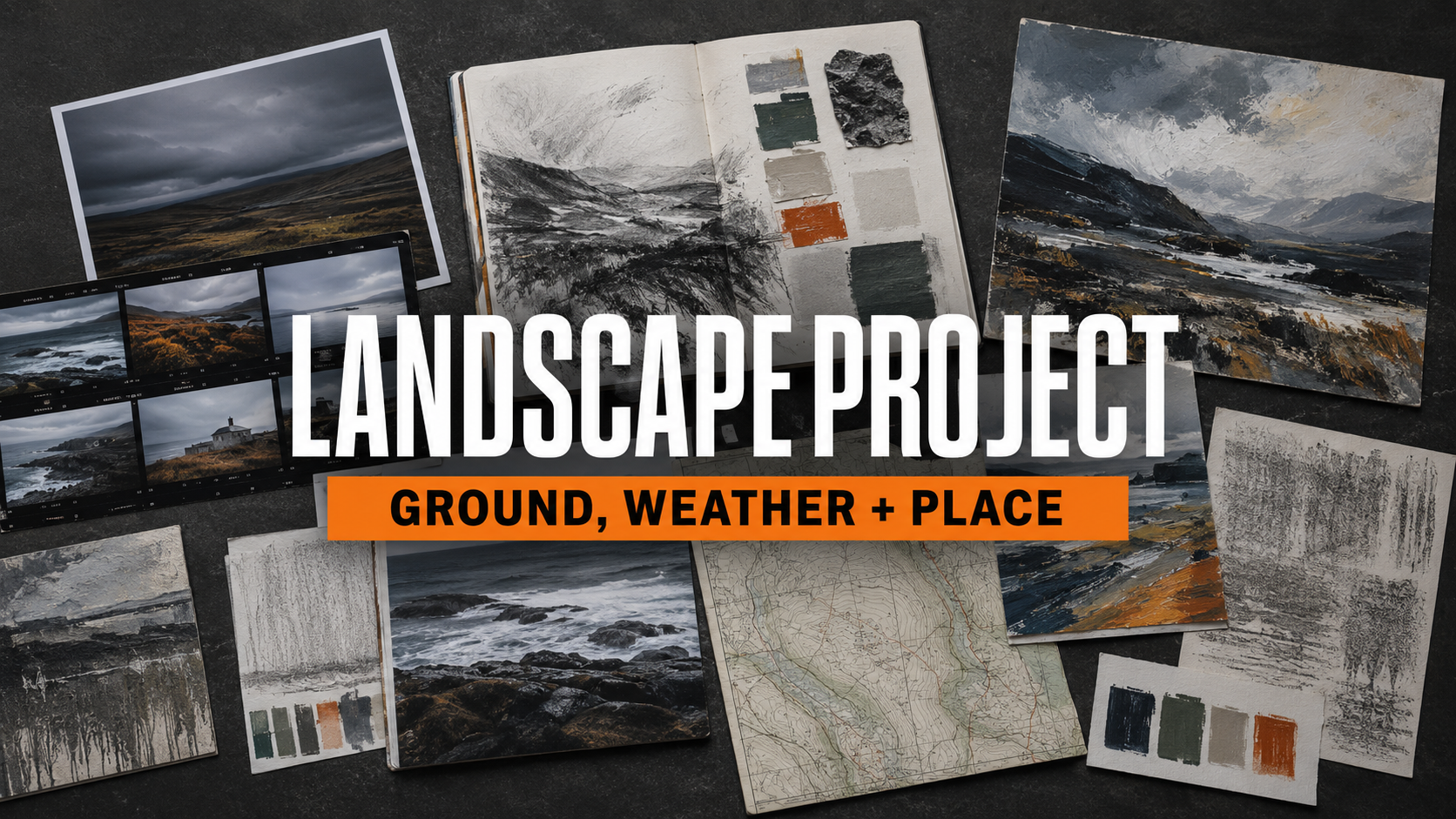 Overhead GCSE and A Level landscape project sketchbook with original photographs, painted studies, maps and colour experiments.