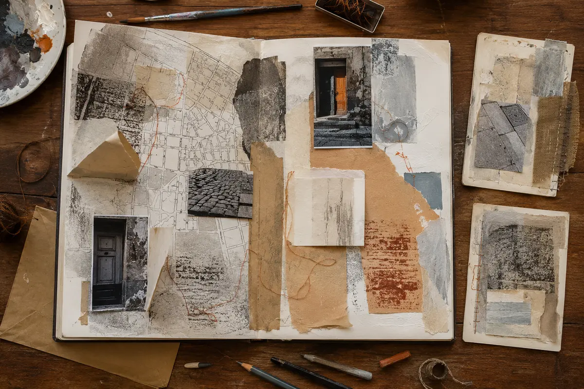 A Level Fine Art sketchbook showing a mixed-media collage investigation of place and memory