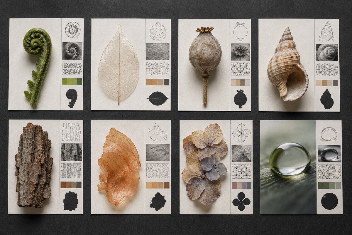 Natural forms page in a student sketchbook showing use of different materials and techniques.