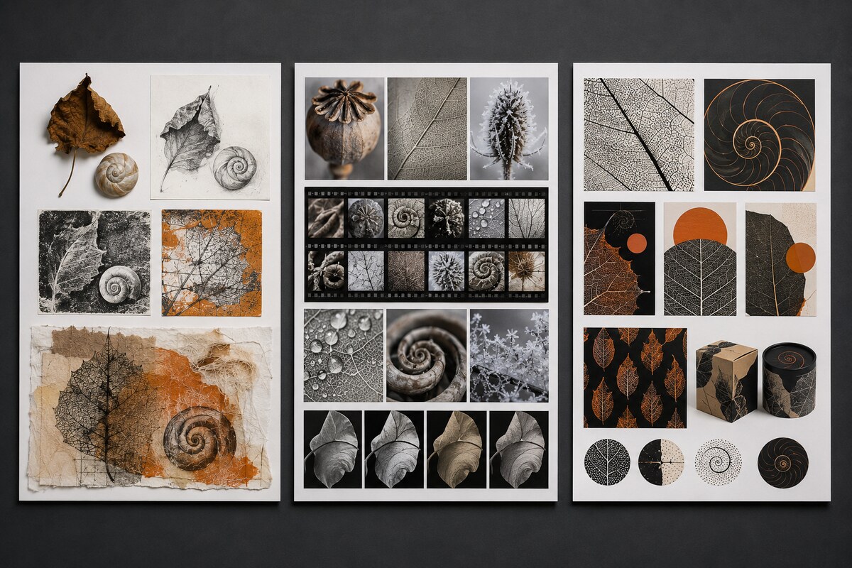 Three-panel natural forms project development in Fine Art, Photography and Graphic Communication using leaf, shell, seed pod, frost and water structures.
Caption: The same broad starting point can lead to very different evidence in Fine Art, Photography and Graphic Communication.