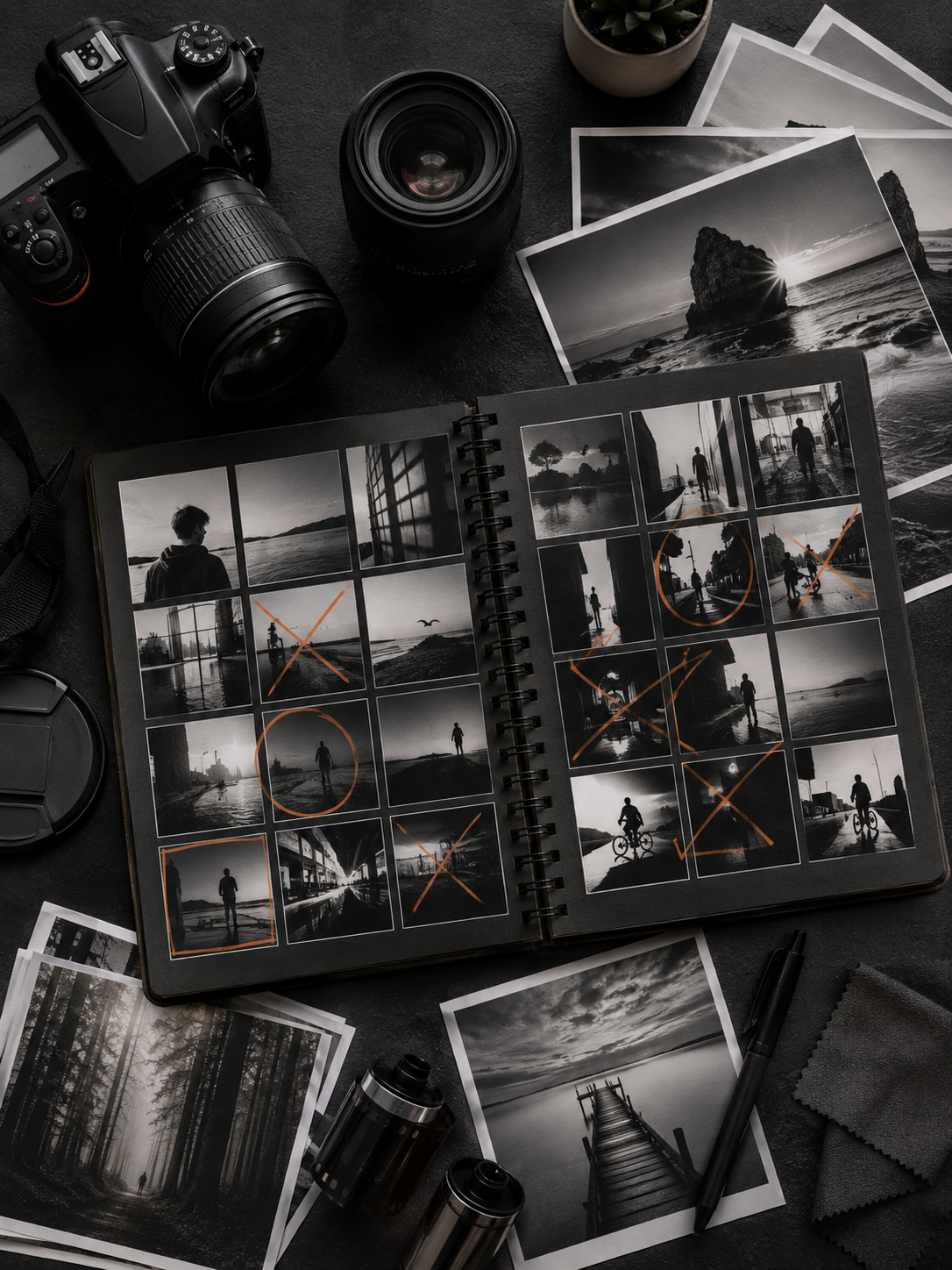 Photography sketchbook with contact sheets, selected photographs, image editing decisions and project development in a realistic photography workspace.