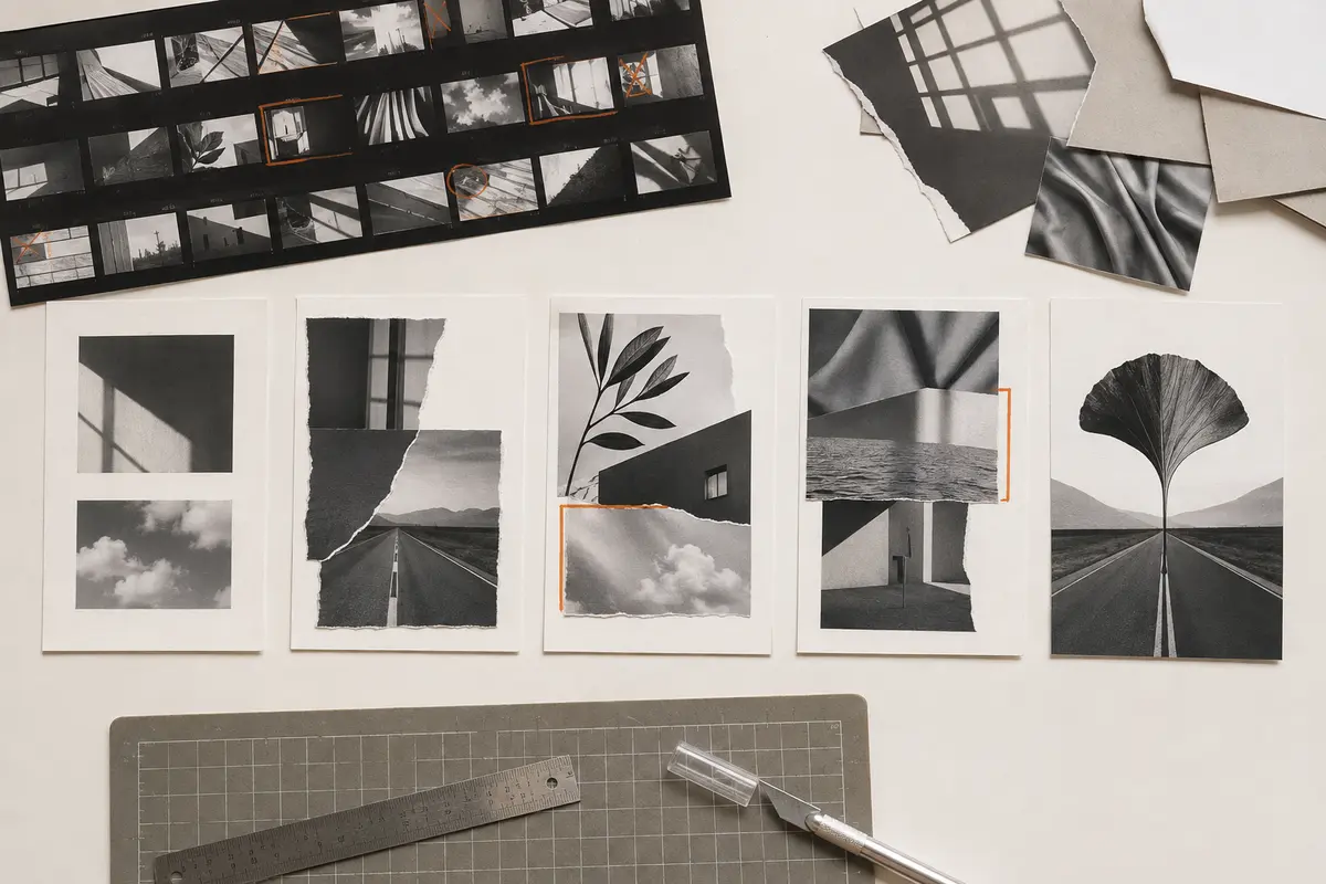 A sequence of student photomontage experiments combining architecture, landscape, shadows and natural forms