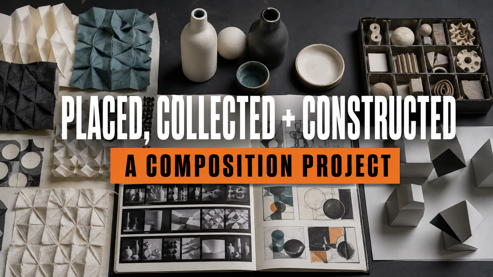 Overhead GCSE and A Level composition project workspace with repeated patterns, still-life objects, assemblage, geometric models and development studies.