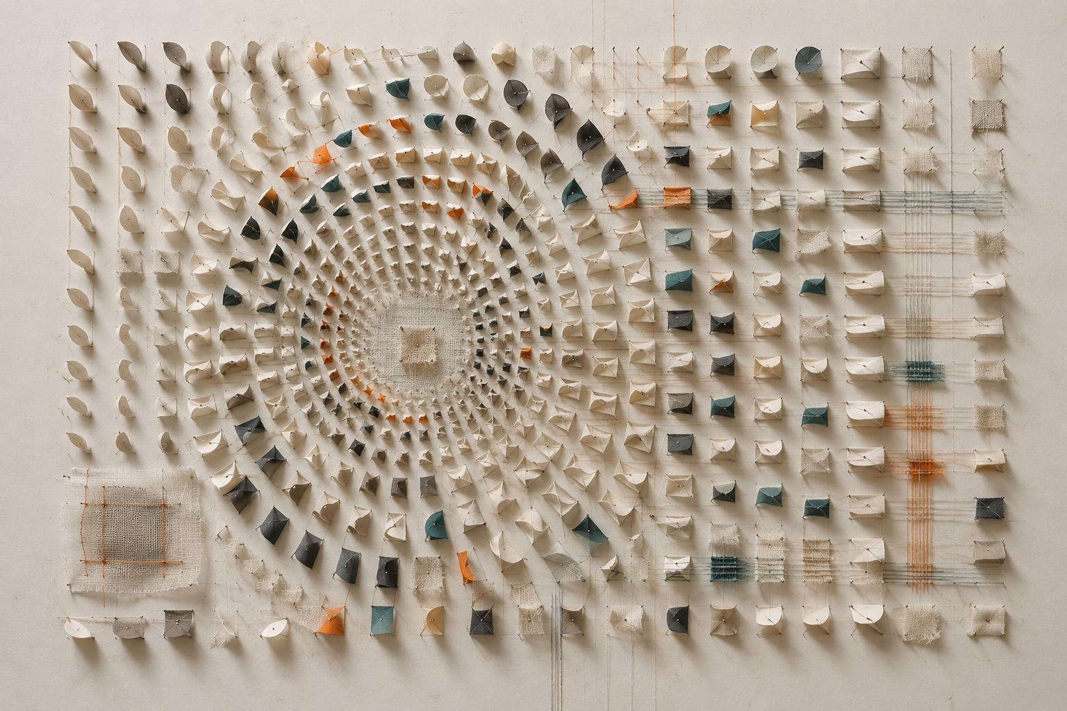 Hand-cut paper, thread and fabric units arranged from a spiral into a grid using changes of spacing, density and colour.