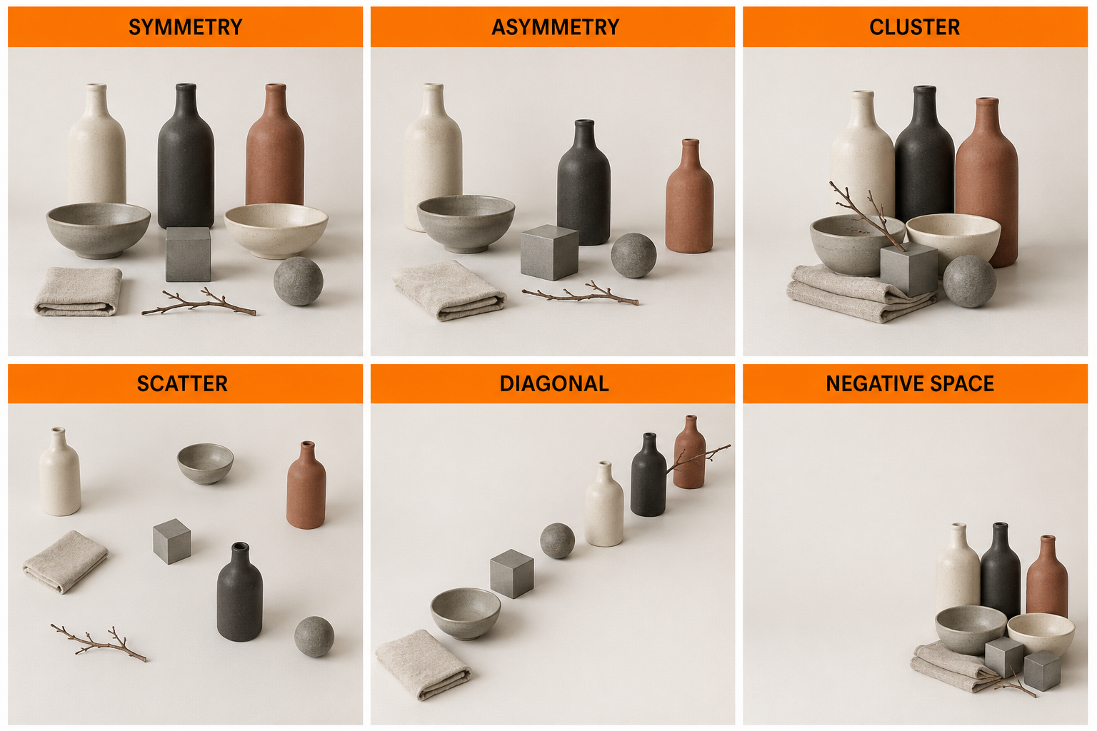 Six arrangements of the same still-life objects exploring balance, clustering, rhythm, movement and negative space.