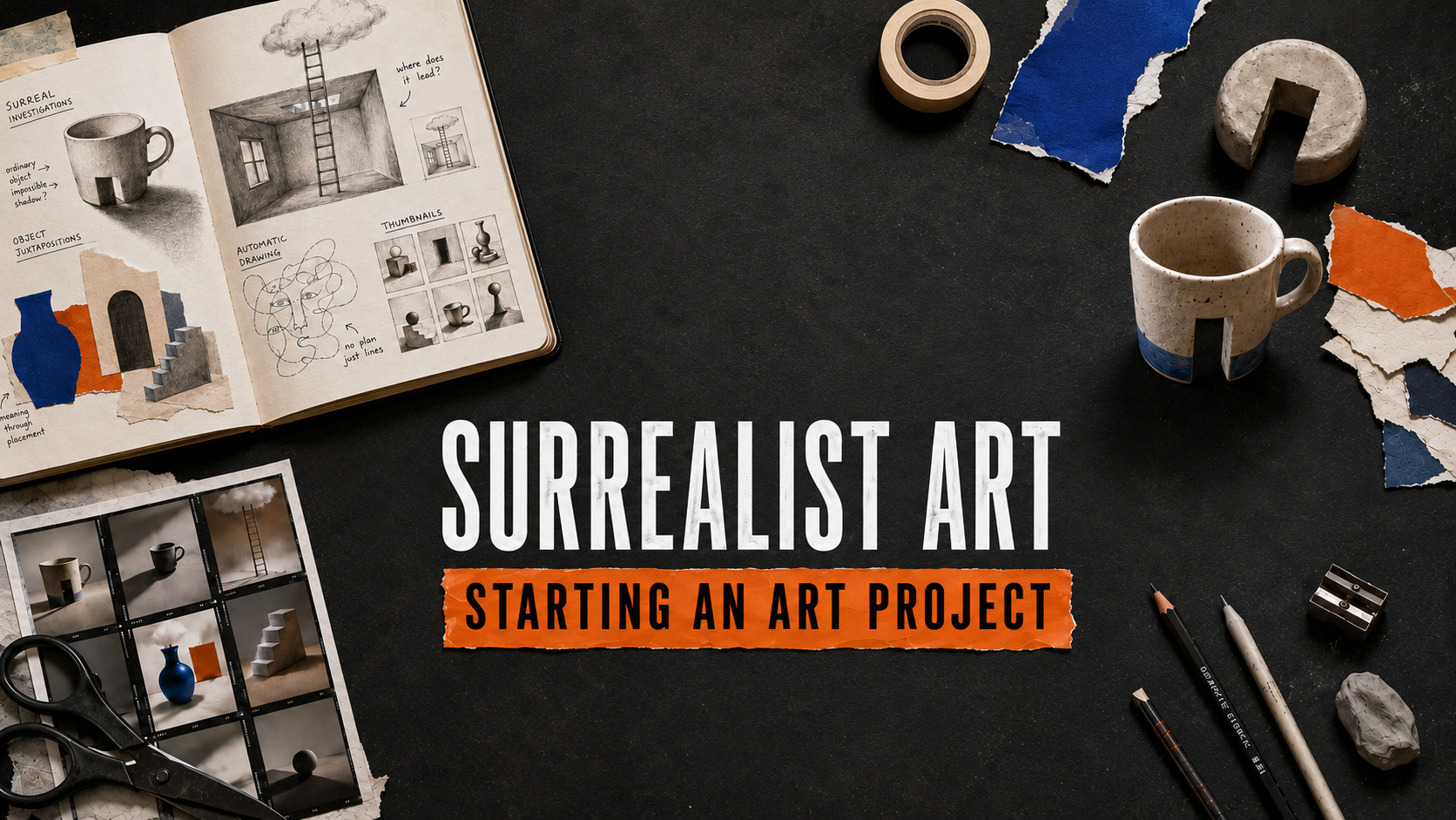 Surrealist Art: Starting an Art Project, shown over an original sketchbook workspace Media title: Surrealist Art Project — GCSE and A Level Guide