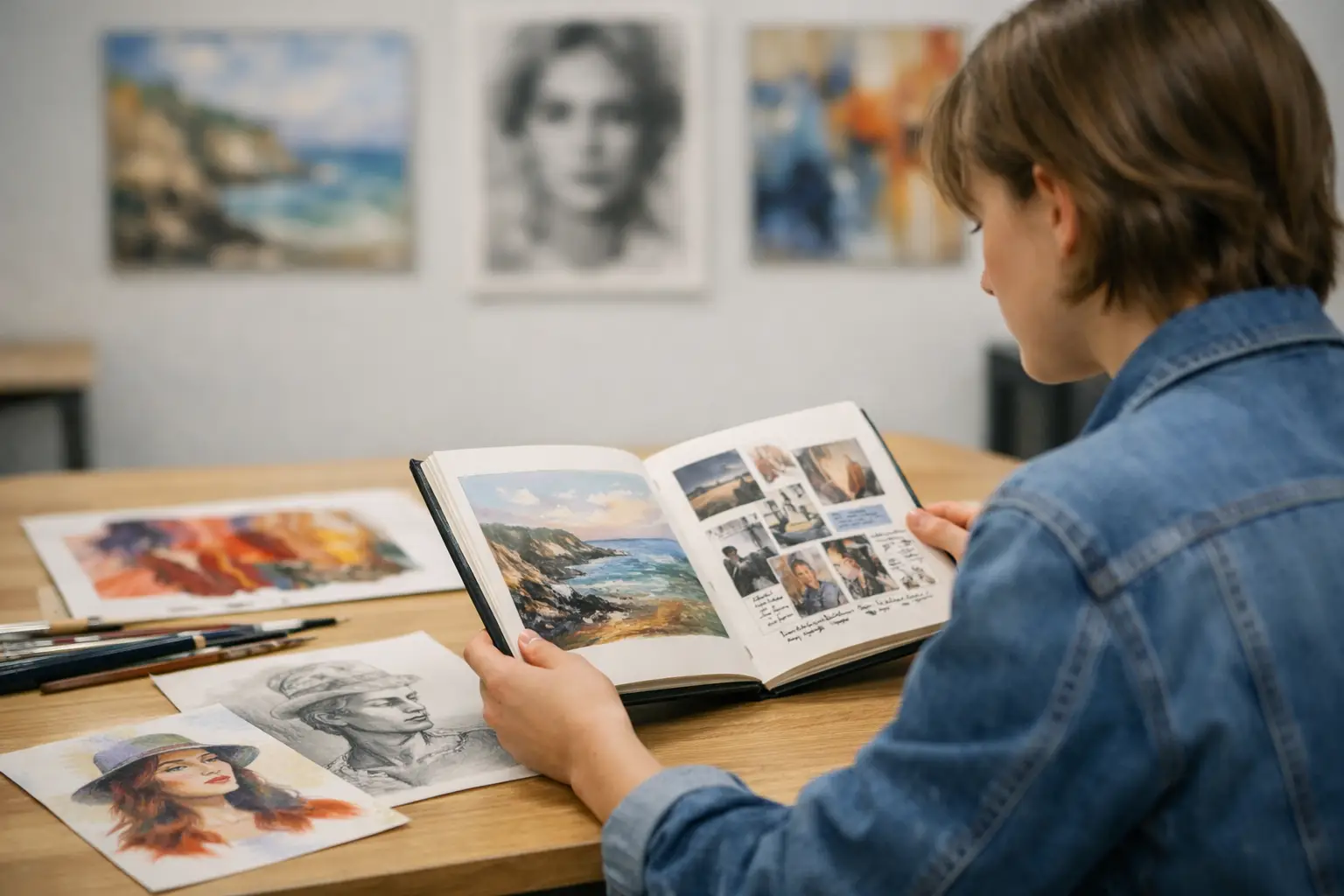 GCSE Art student reviewing portrait, photography and mixed-media work across an open sketchbook