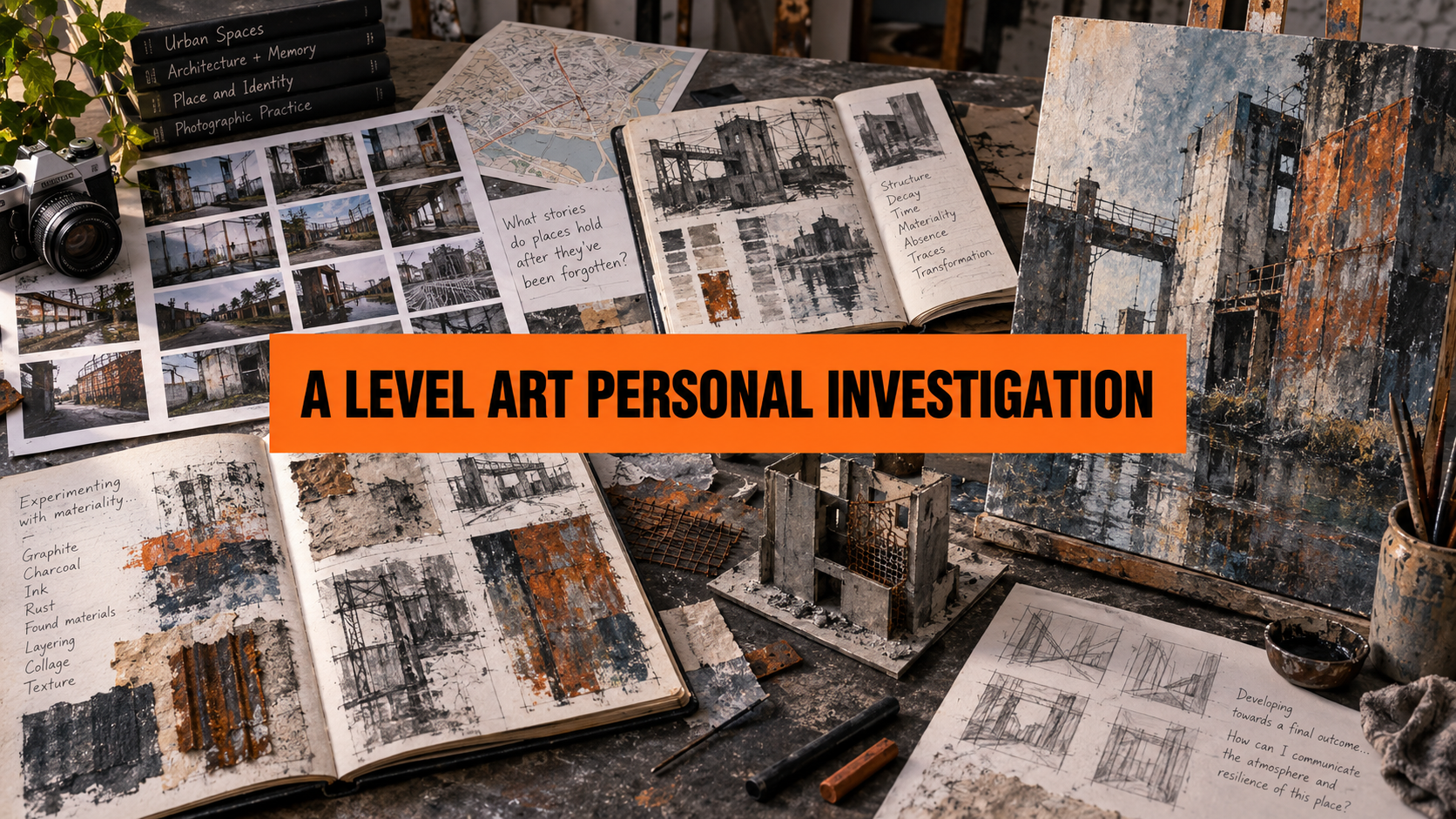 A Level Art Personal Investigation showing first-hand photographs, artist research, experiments, sketchbook development and a resolved mixed-media outcome