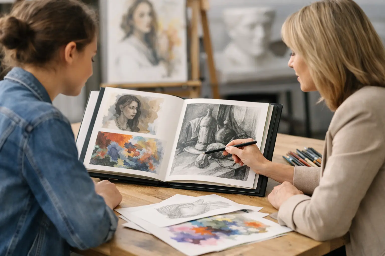 A teacher discussing an A Level Art portfolio with a student and pointing to observational studies in an open sketchbook.