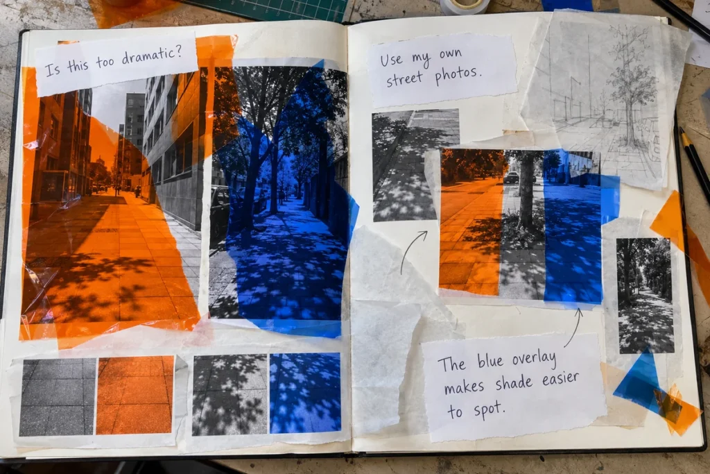 A Level climate design spread with street photographs, blue and orange acetate, photomontage trials and handwritten notes