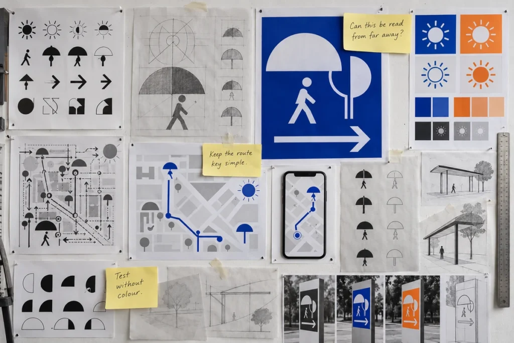A Level wayfinding project wall with symbol drawings, prototype sign, phone map and handwritten legibility notes