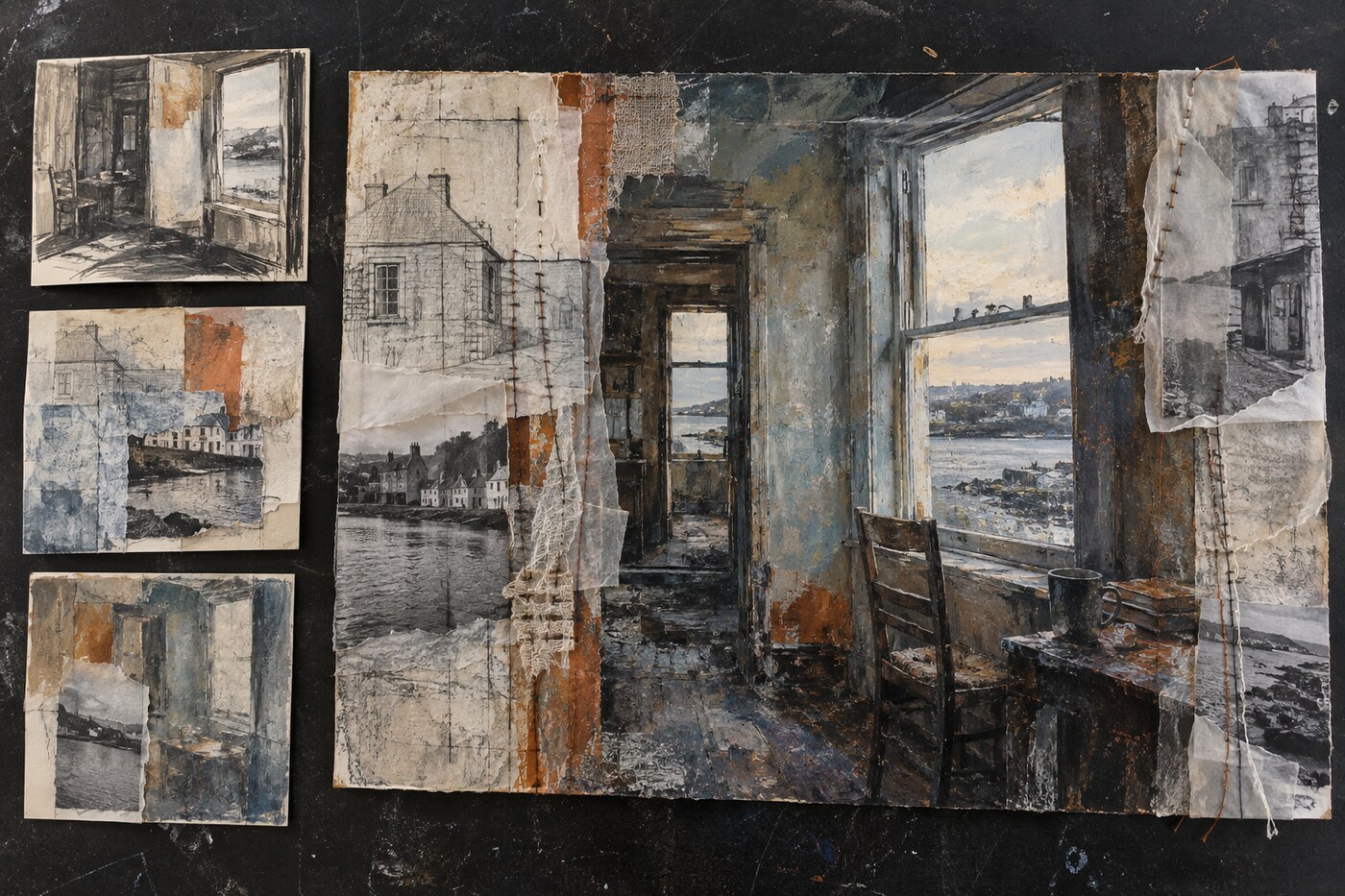 A Level Fine Art mixed-media final outcome exploring memory and place beside compositional studies.