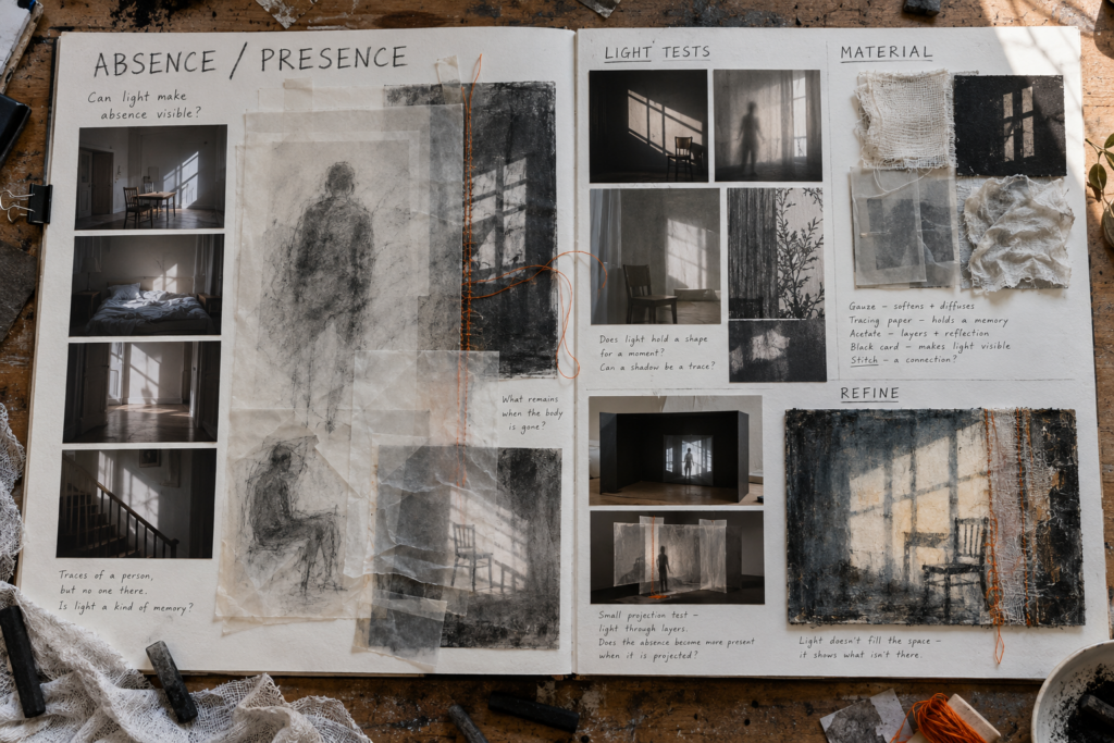 Original A Level Fine Art Light and Shadow exemplar exploring absence through empty rooms, erased figures, translucent layers and projection