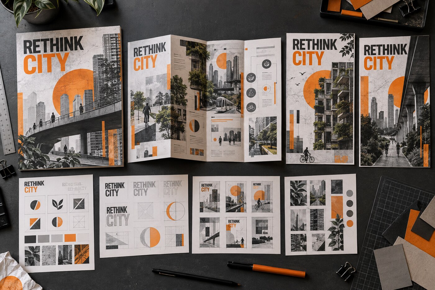 A Level Graphic Communication Rethink City campaign with posters, leaflet and development studies.