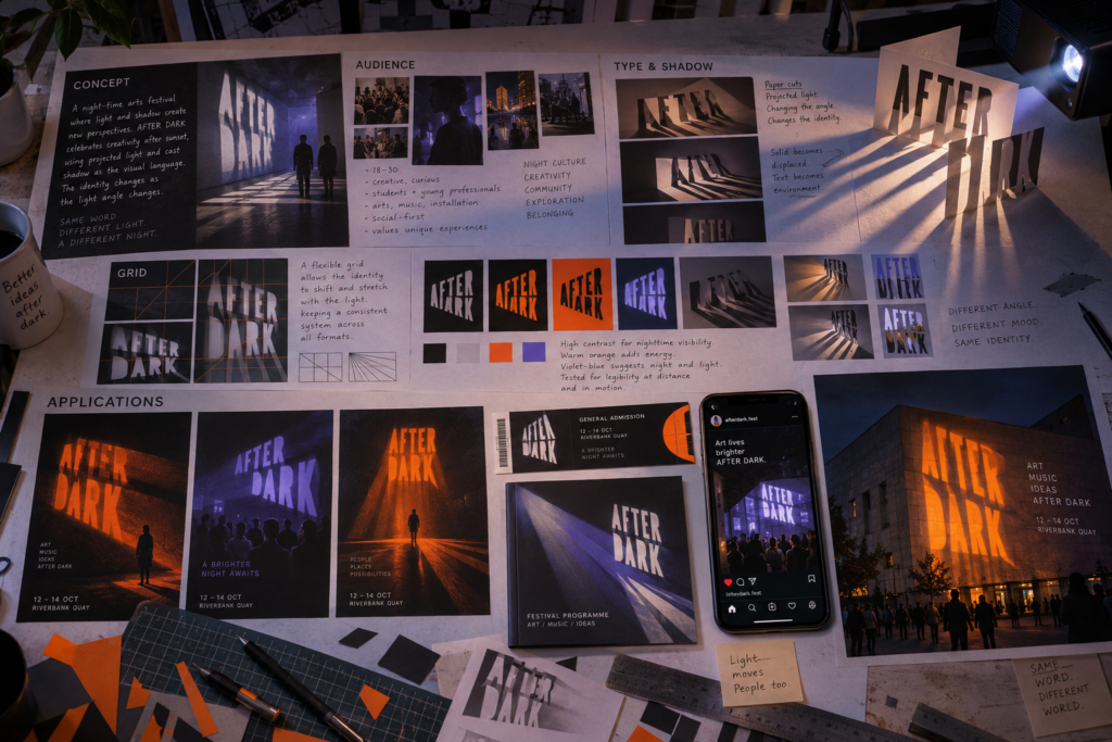 A Level Graphic Communication Light and Shadow exemplar developing an AFTER DARK night arts festival identity through projection and cast-shadow typography