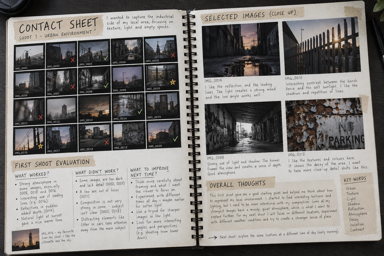 A Level Photography sketchbook spread showing an urban photography contact sheet, image selection, first shoot evaluation and next-step annotations