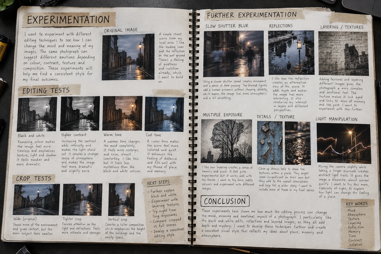 A Level Photography sketchbook spread showing editing tests, crop experiments, reflections, layering, slow shutter blur and light manipulation