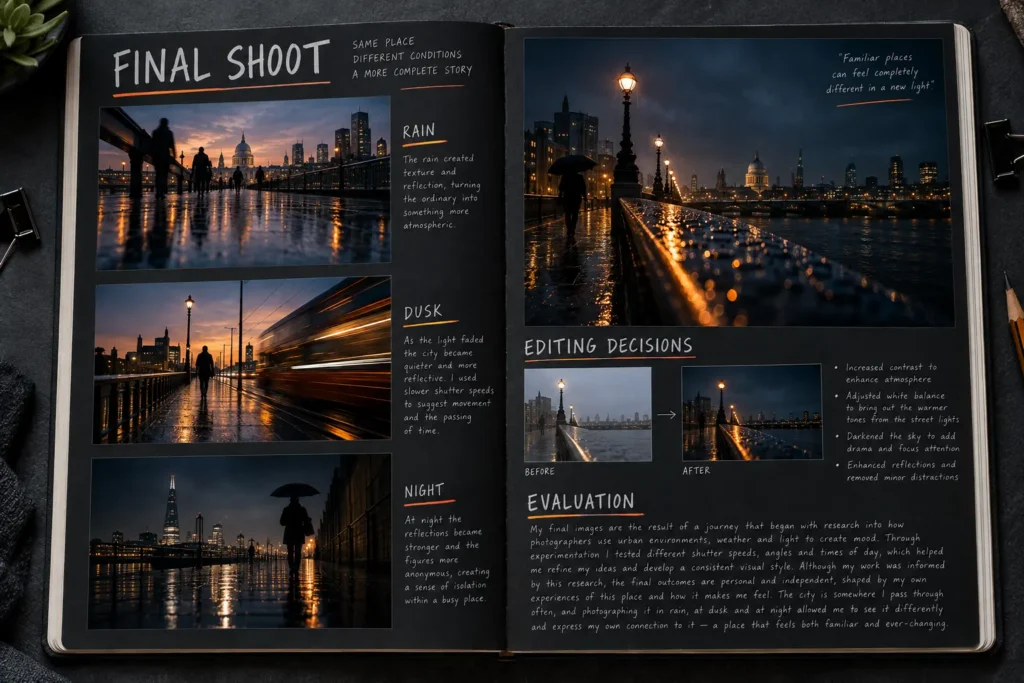 A Level Photography final shoot spread with rain, dusk and night photographs, editing decisions and evaluation of a personal urban project