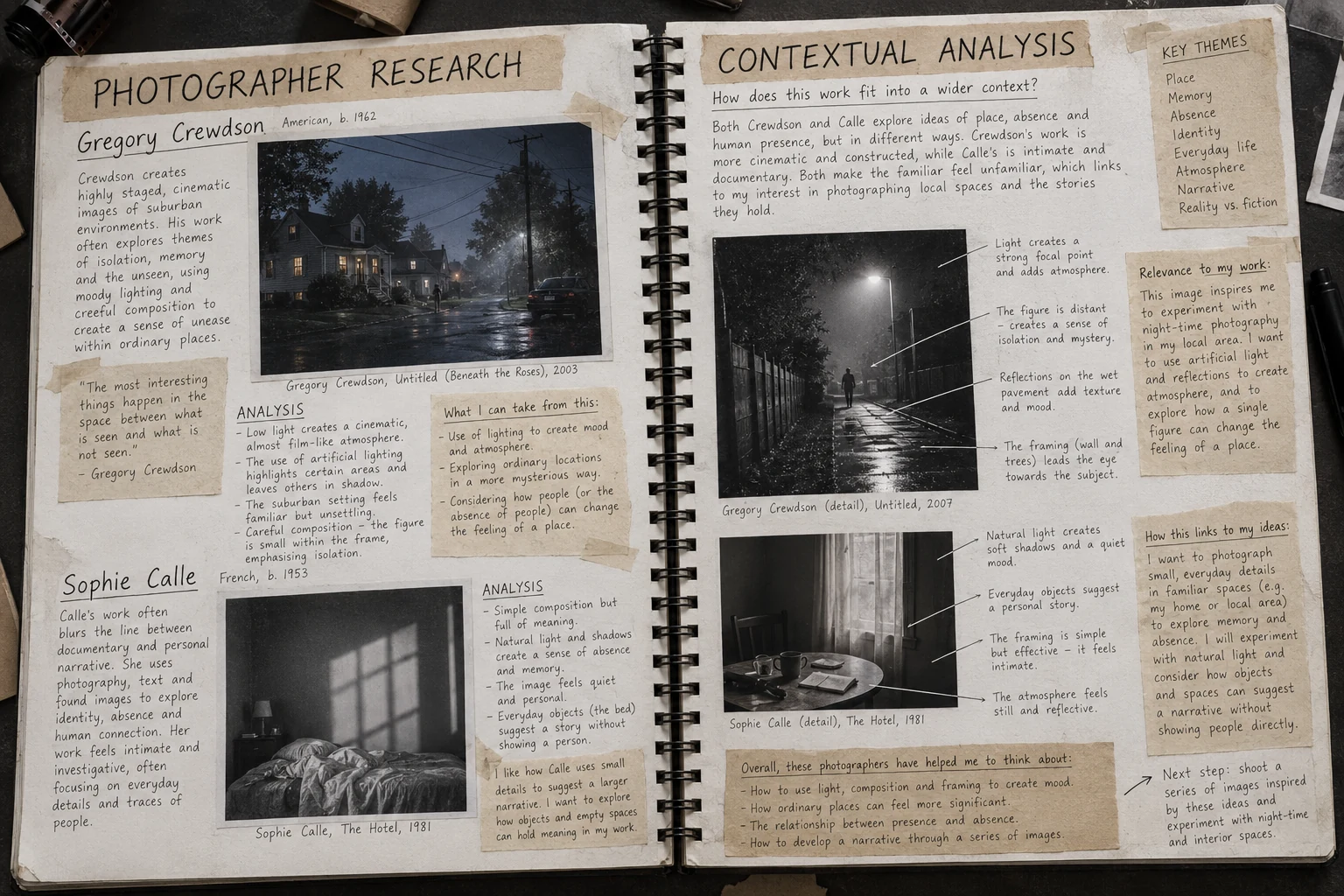 A Level Photography sketchbook page showing photographer research, contextual analysis and links to the student's own ideas