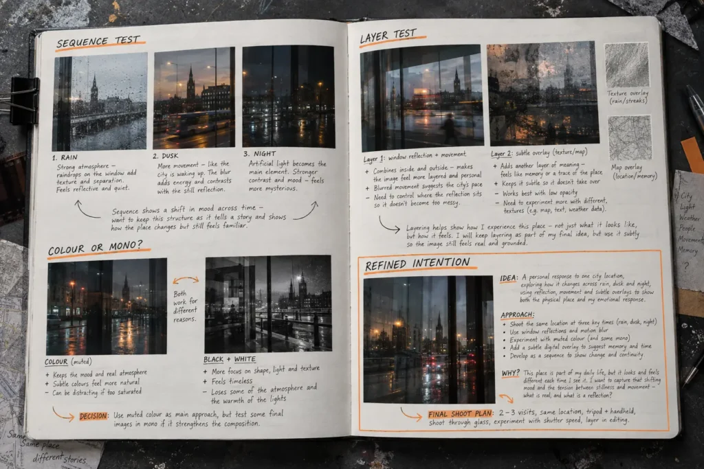 A Level Photography sketchbook showing sequence, colour, monochrome and layer tests leading to a refined personal photoshoot intention