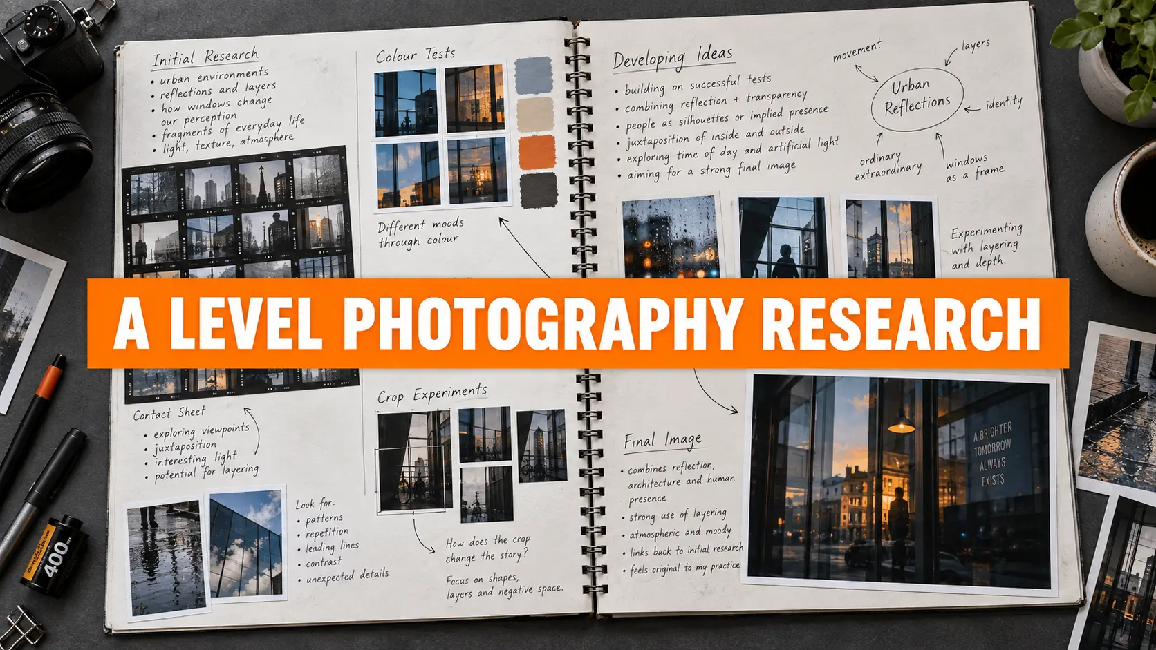 Open A Level Photography sketchbook showing artist research, contact sheets, experiments and a final urban-reflection image