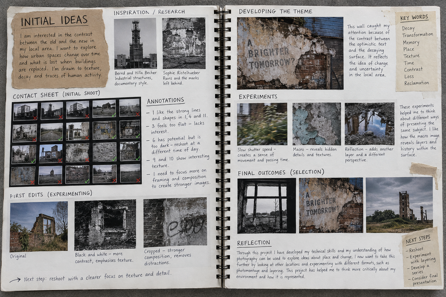 A Level Photography sketchbook example showing contact sheets, selected photographs, annotation and experimental development