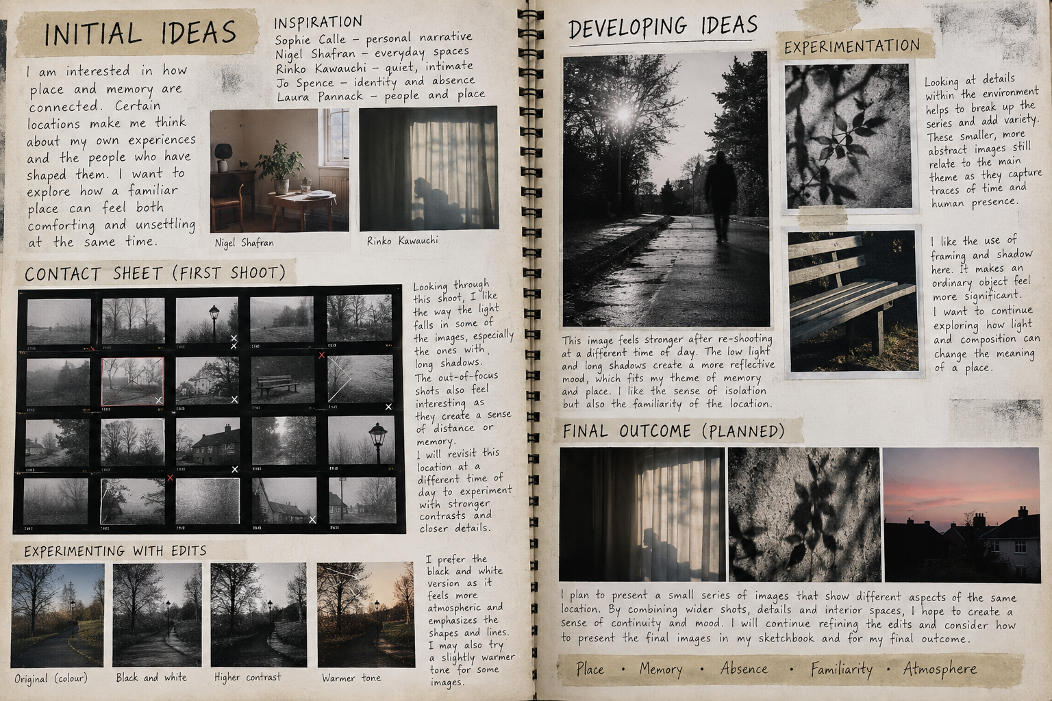 A Level Photography sketchbook showing photographs, contact sheets, annotations and development ideas