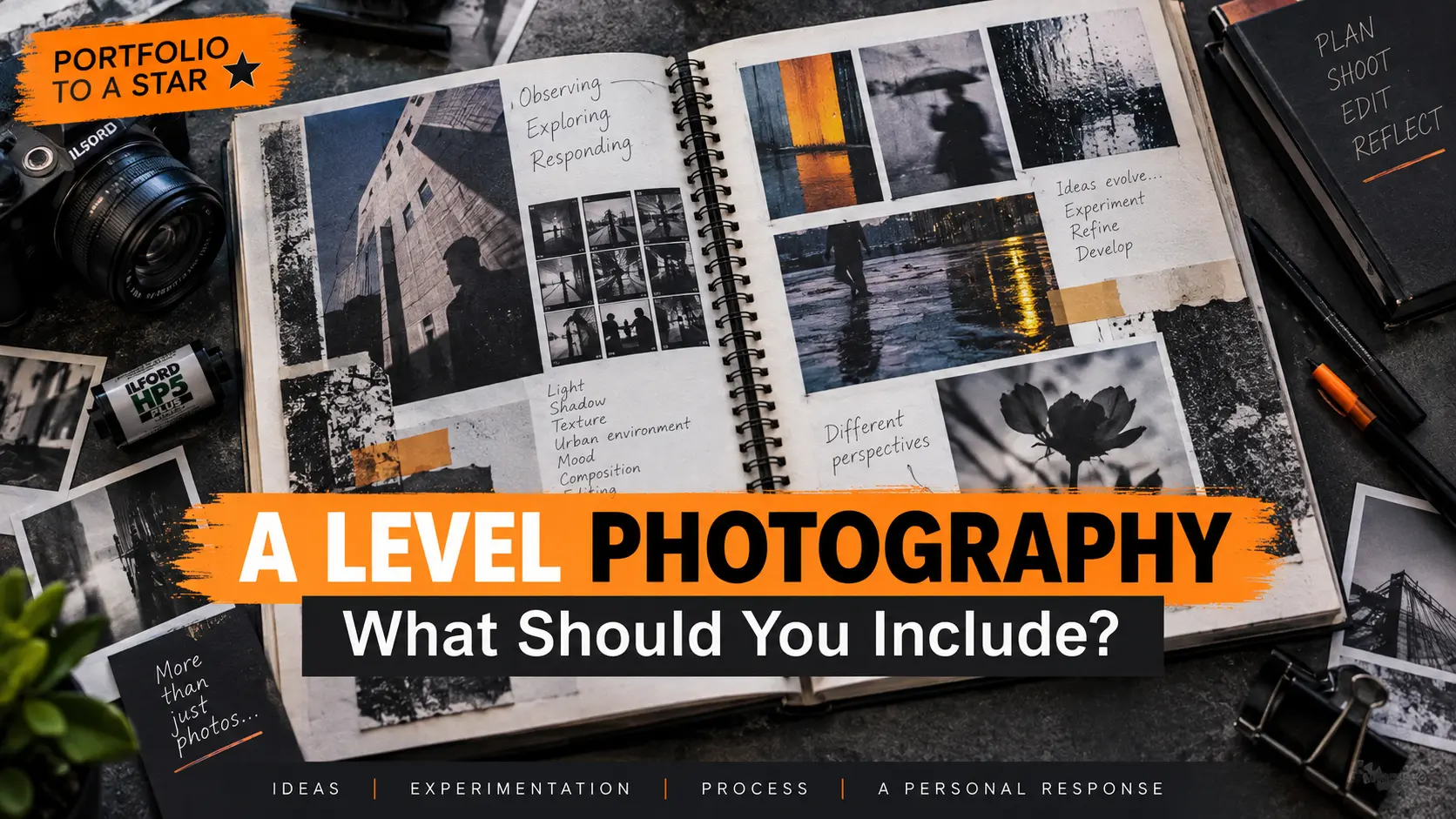 A Level Photography sketchbook showing photographs, contact sheets, annotations and development ideas