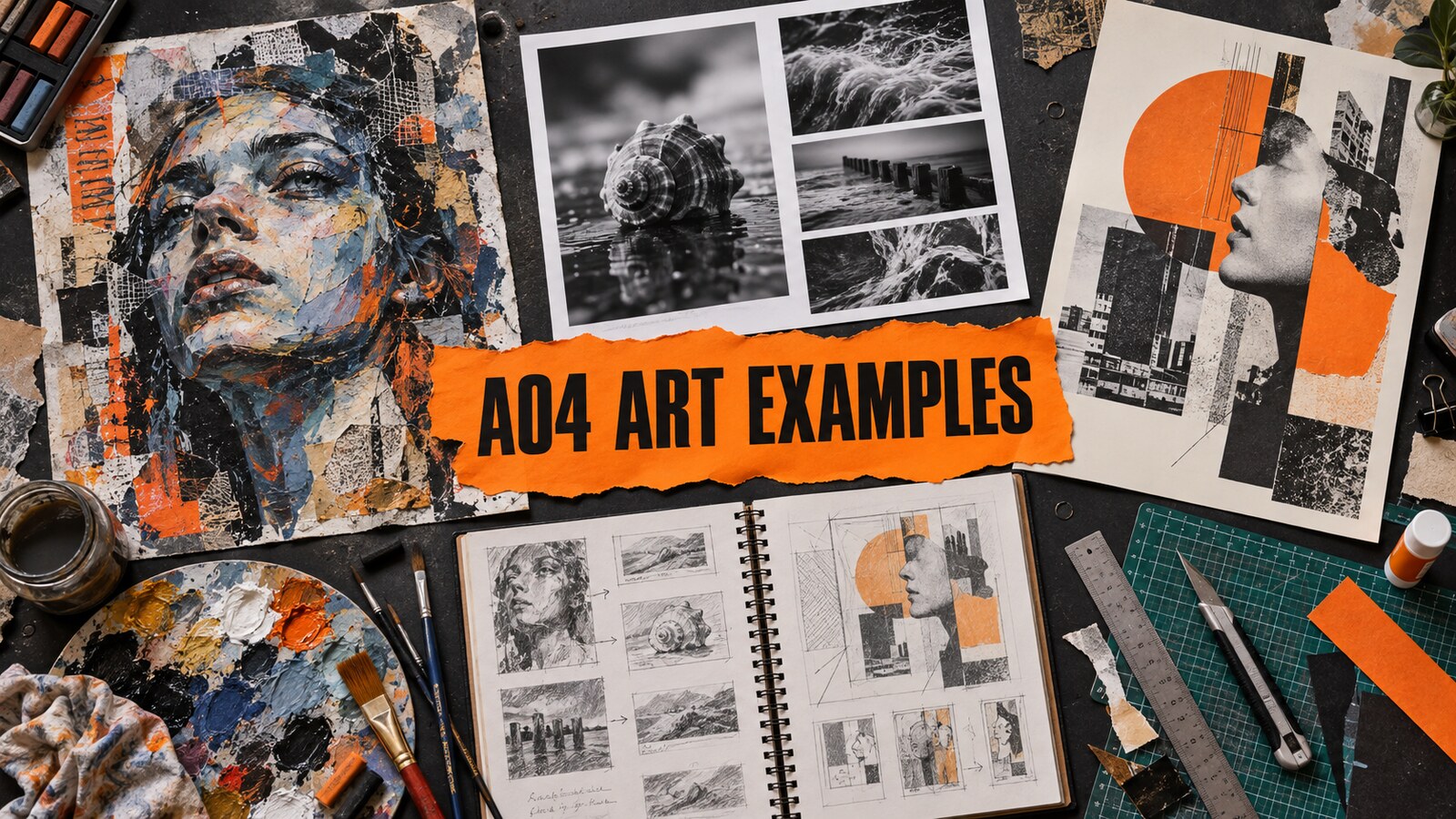Fine Art, Photography and Graphic Communication outcomes arranged around an orange AO4 Art Examples banner.