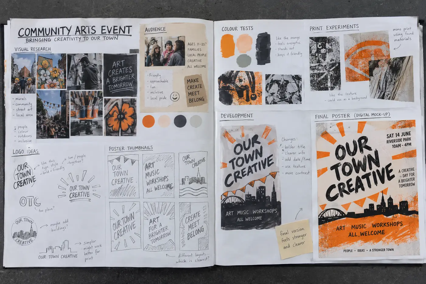 BTEC Art and Design workbook showing research, poster ideas, print experiments and a final community arts poster