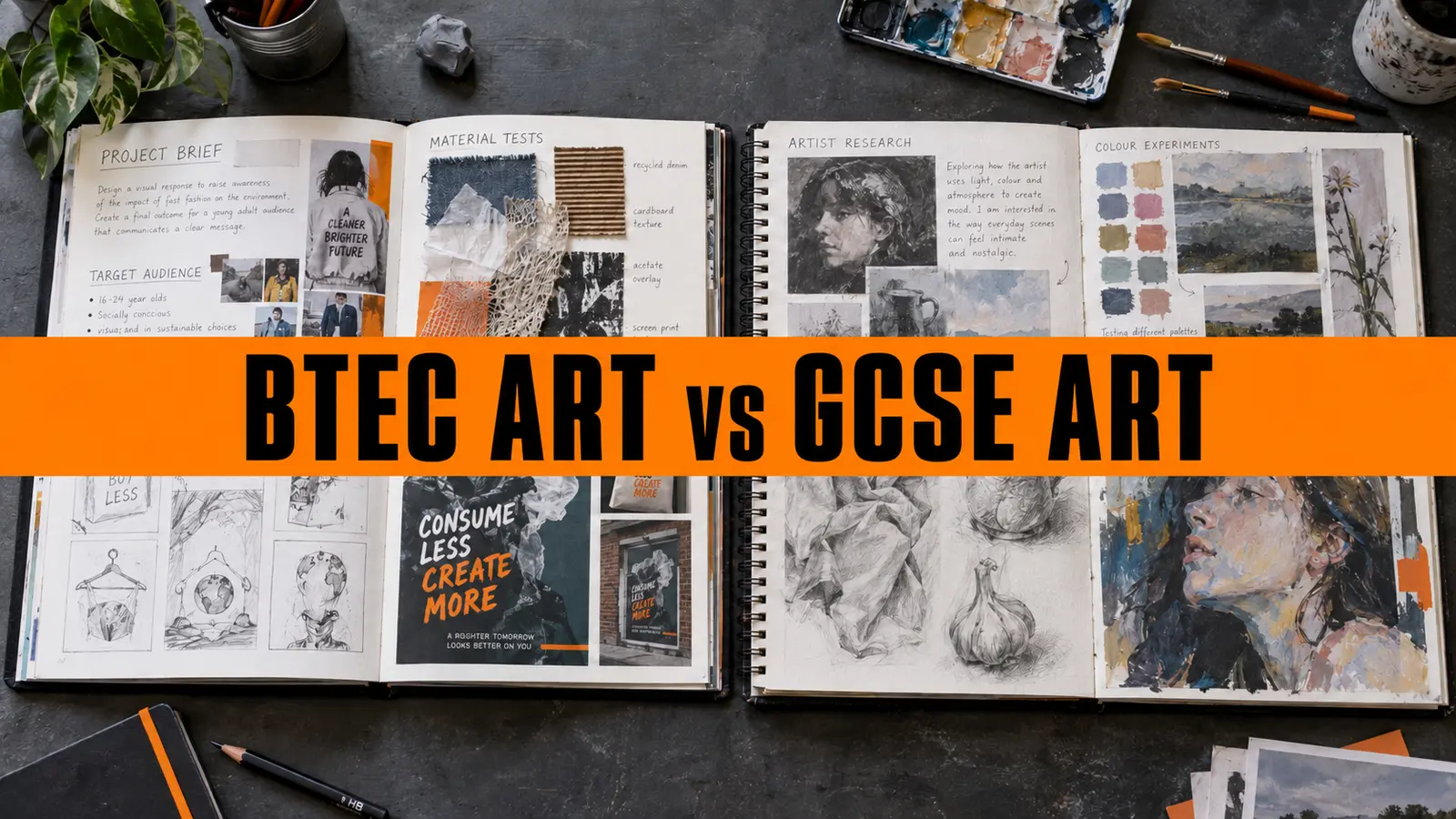 BTEC Art project brief and GCSE Art sketchbook displayed side by side