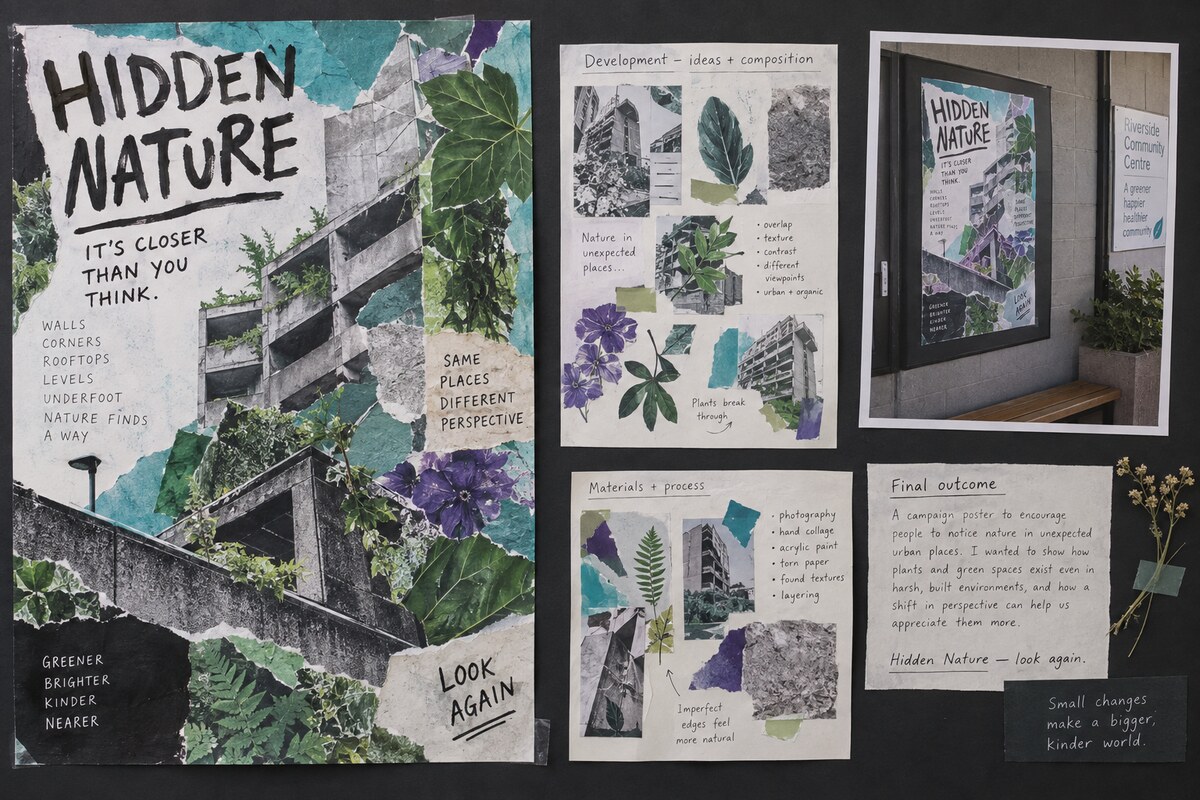 Student Hidden Nature campaign poster displayed with development sheets and a client presentation photograph