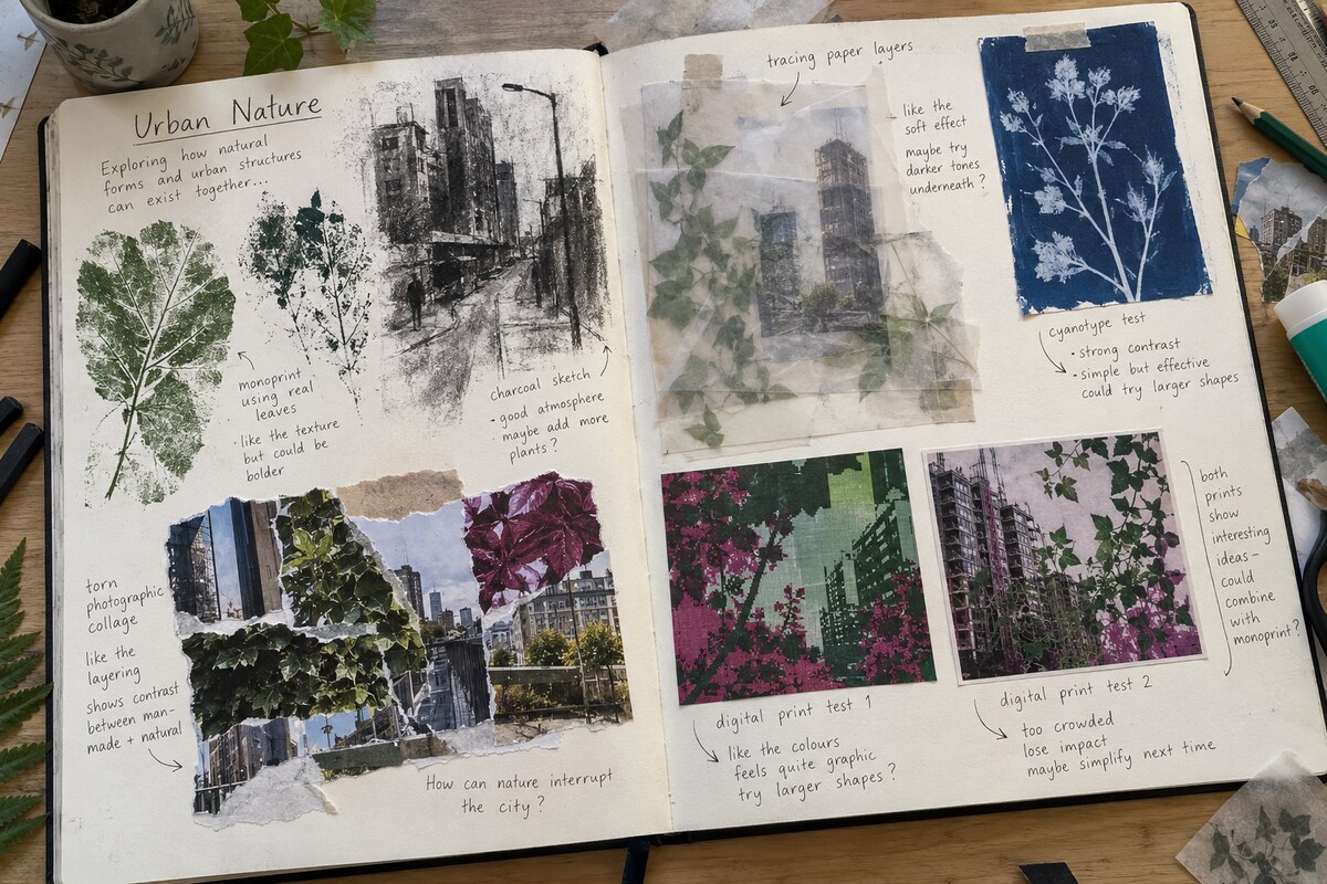 Student sketchbook showing printmaking, charcoal, collage, tracing paper and digital experiments