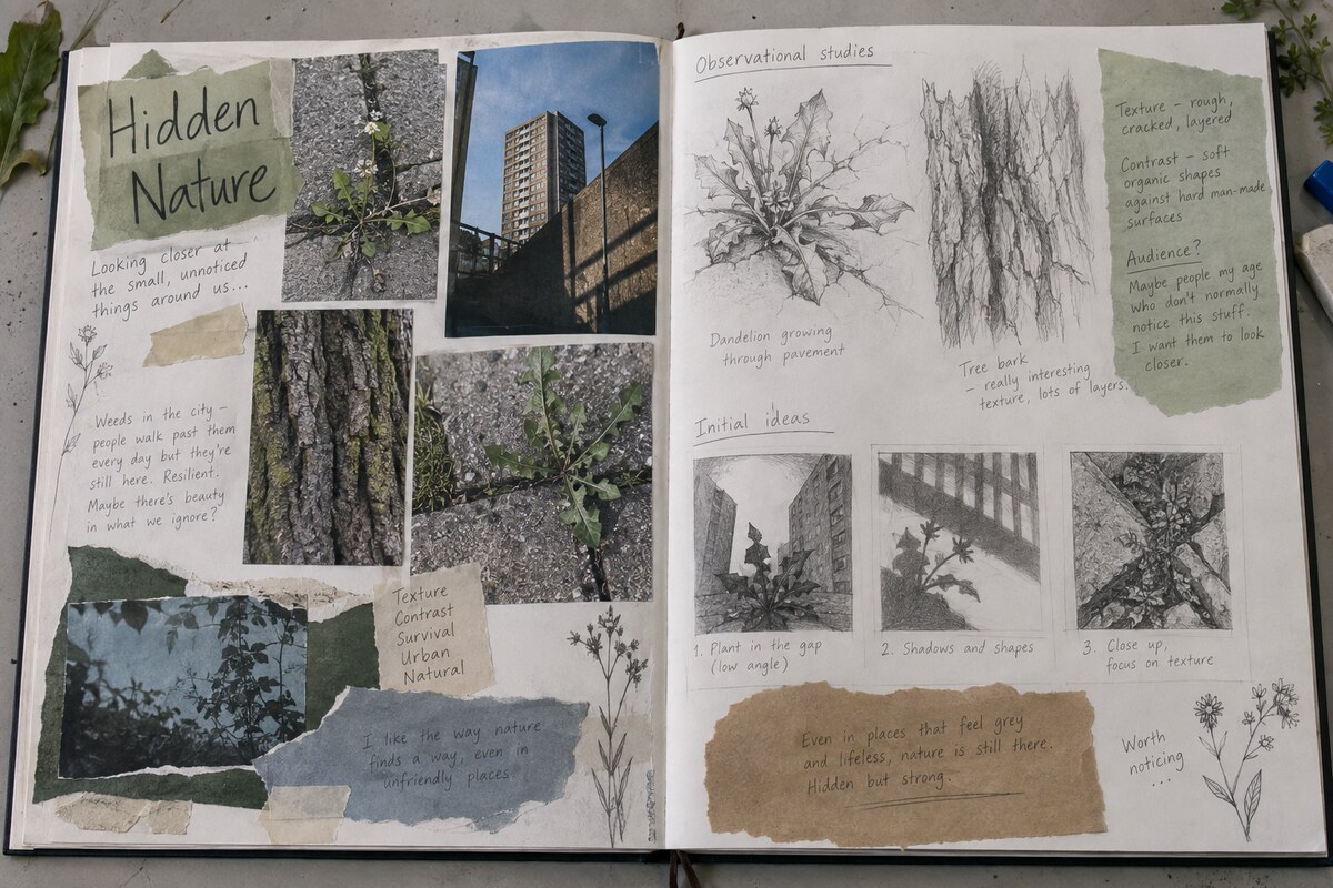 Student sketchbook pages showing urban nature research, observational drawings and initial ideas