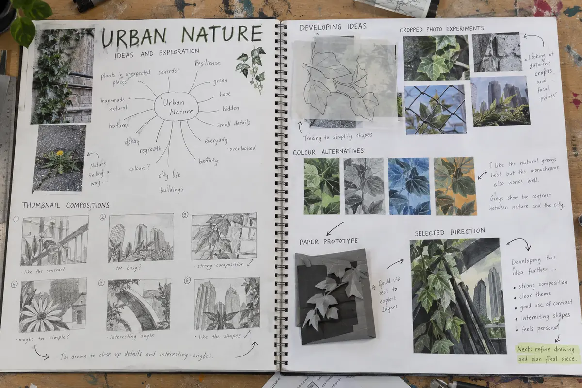 BTEC Component 1 urban nature project showing thumbnails, photo experiments, colour alternatives and a selected direction