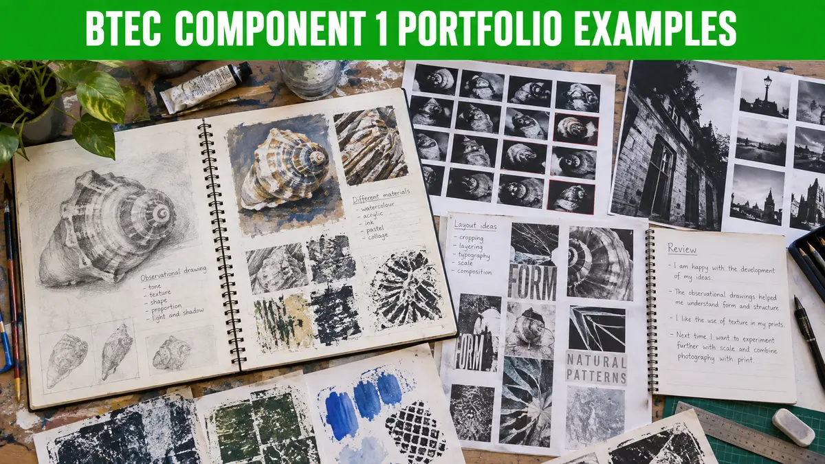 BTEC Component 1 portfolio examples showing research, experiments, development and review