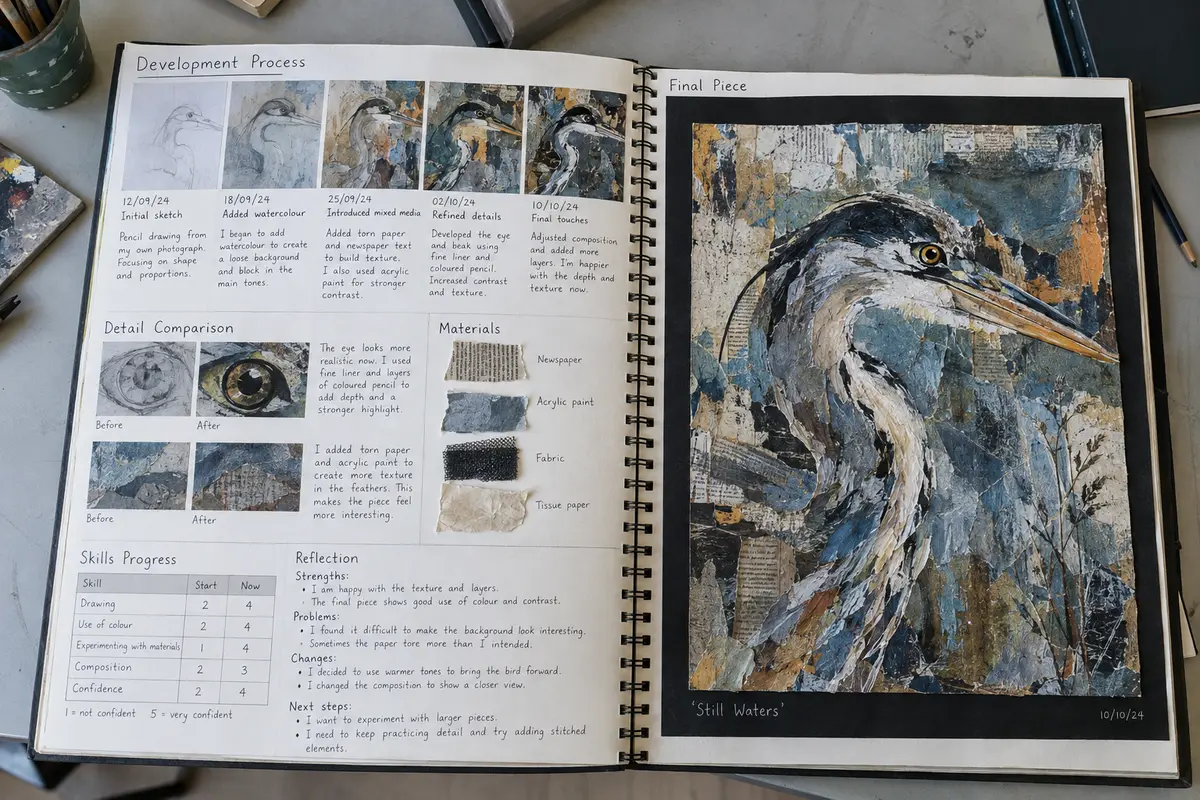 BTEC Component 1 portfolio review showing development photographs, material samples, reflection and a final mixed-media artwork
