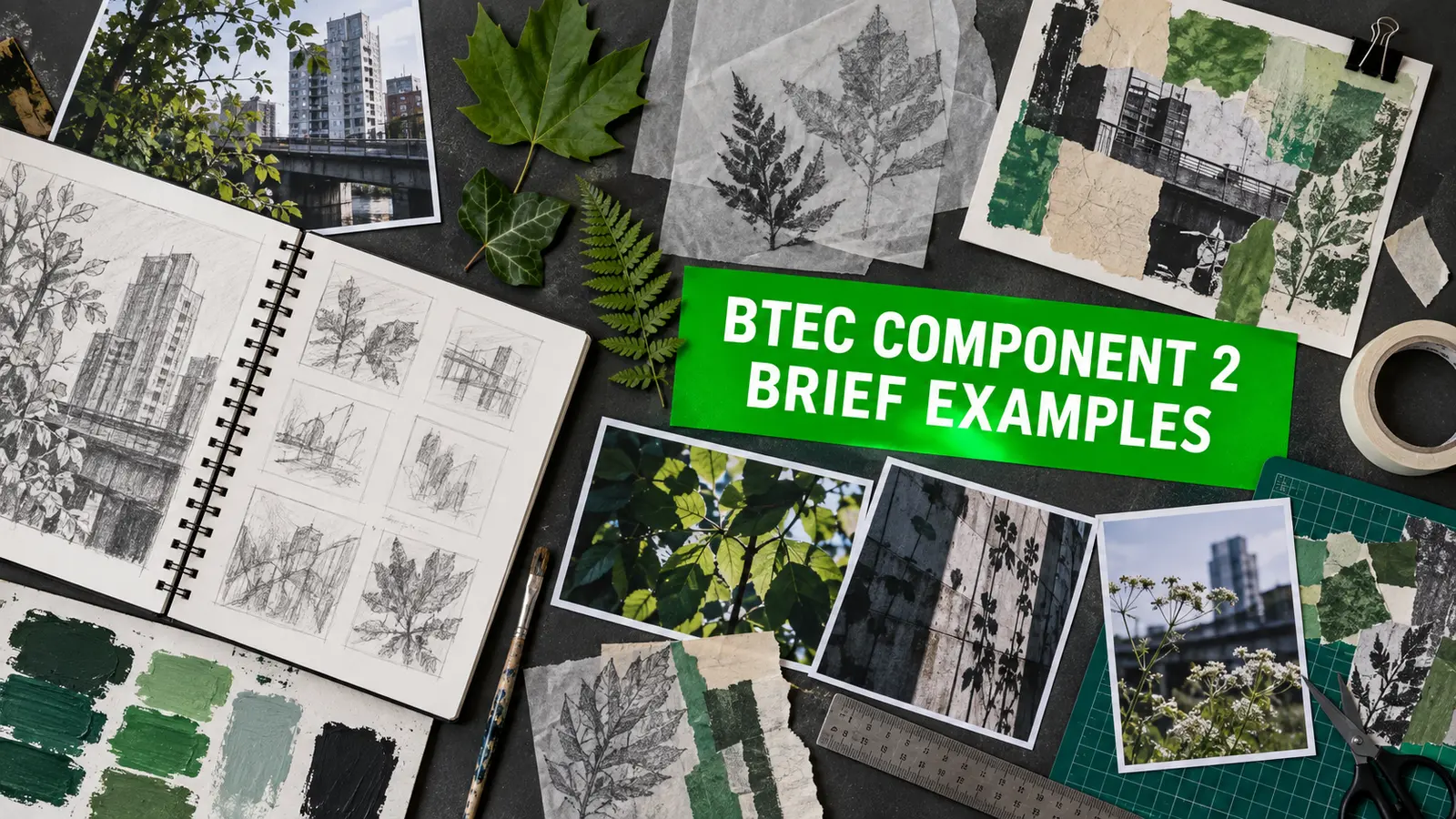 BTEC Component 2 brief examples displayed across an urban nature art and design workspace