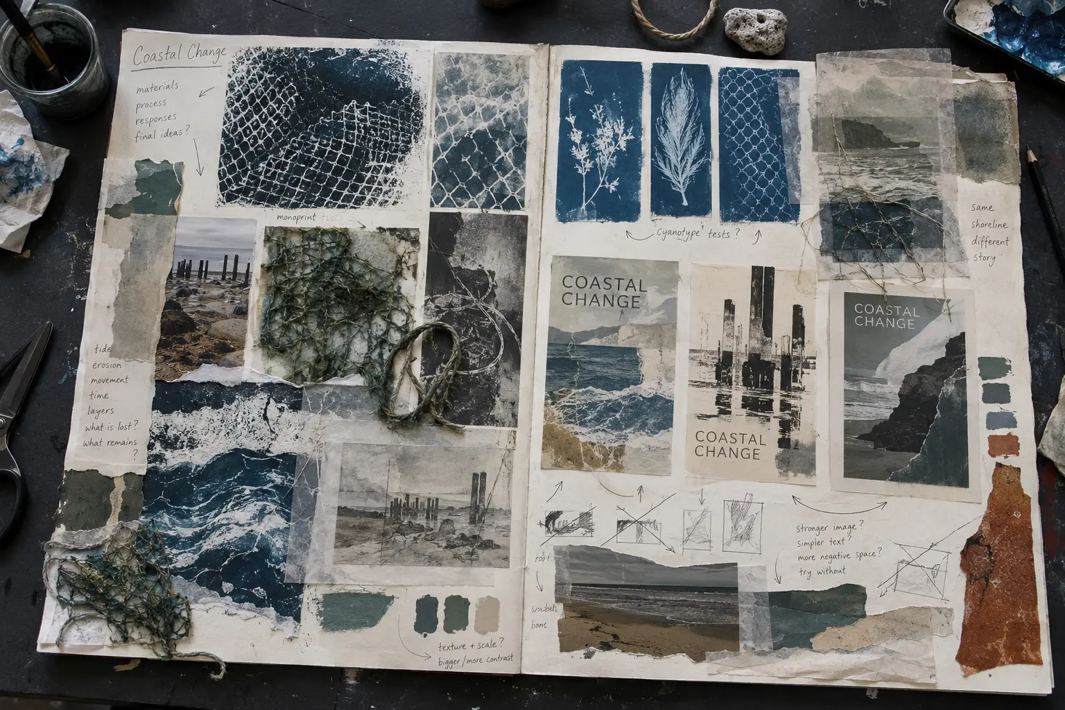 Student portfolio developing a Coastal Change response through printmaking, collage, photography and layout tests