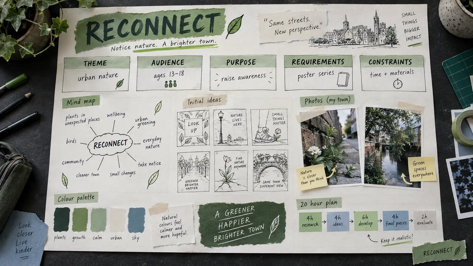 Annotated BTEC example decoding the Reconnect brief into theme, audience, purpose, requirements and constraints