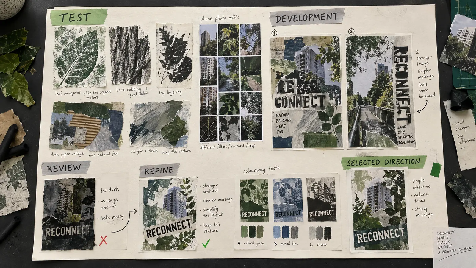 BTEC Component 2 development example showing print, collage, photo-edit and layout tests refined into a selected direction