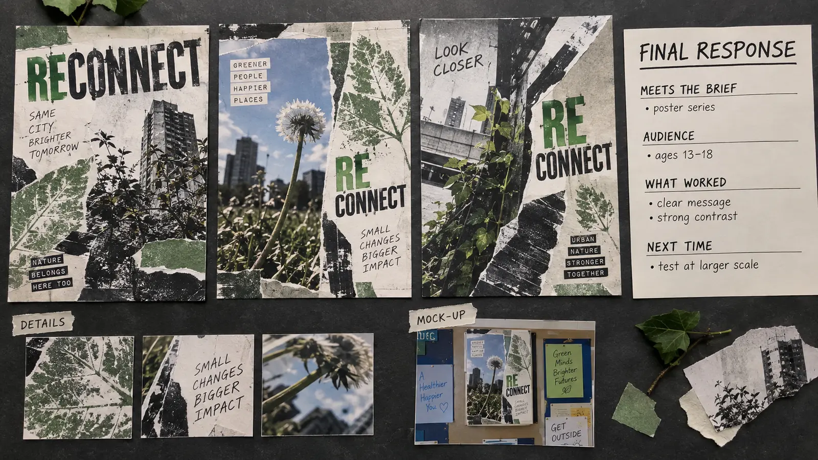 BTEC Component 2 final response and review example showing three urban nature posters and evaluation notes