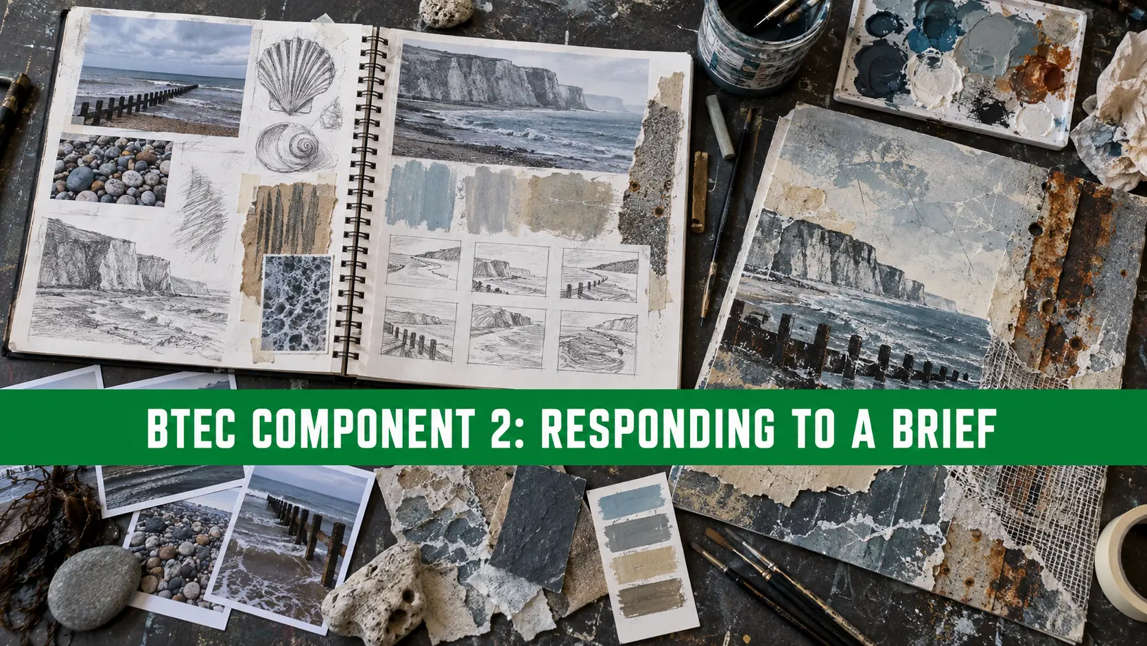 BTEC Component 2 coastal-change sketchbook and mixed-media work responding to a creative brief