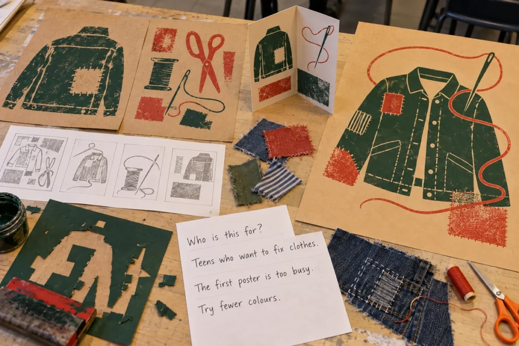 BTEC Level 1/2 clothes repair campaign with stencil prints, fabric, folded flyer and handwritten design notes
